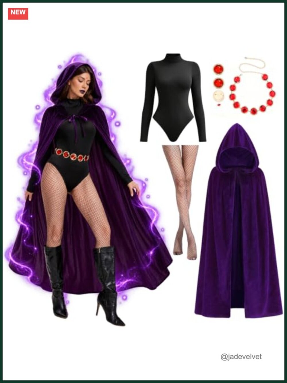 8 Pc Hooded Cape & Jumpsuit Costume Set Polyester Spandex Cosplay Halloween